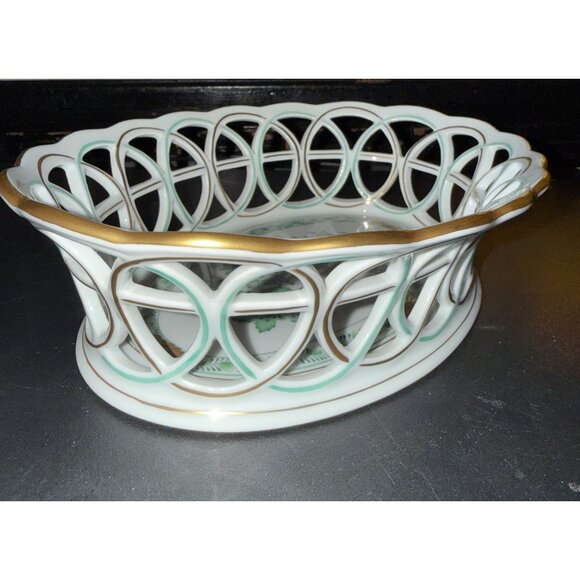 Herend Hungary Poisson Open Weave Bowl Reticulated Basket 7403 8.5" x 6" x 2.25" - Picture 13 of 16